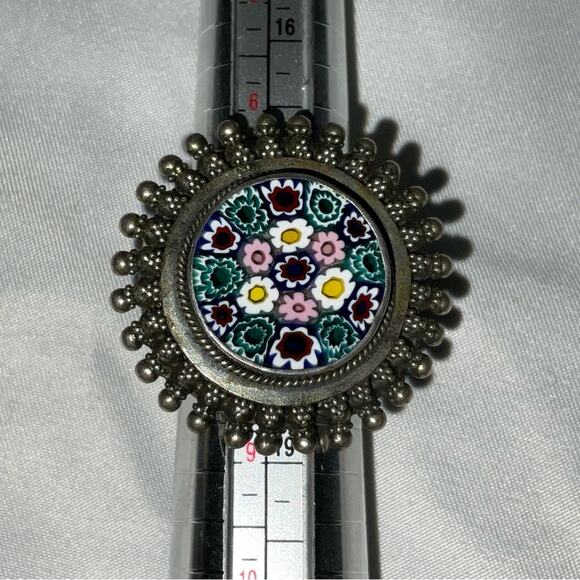 VTG ITALIAN MURANO GLASS CIRCLE STARBURST STATEMENT SILVER TONE RING SZ 8 - Picture 3 of 10